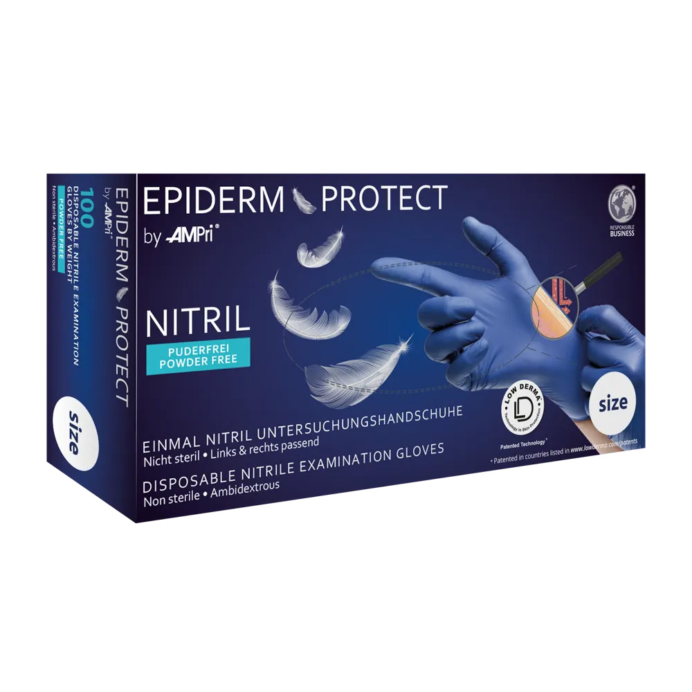 Nitrilhandschuhe, metallblau, blau, Größe L, puderfrei, Epiderm Protect by Med-Comfort Nitrilhandschuhe, metallblau, blau, Größe L, puderfrei, Epiderm Protect by Med-Comfort