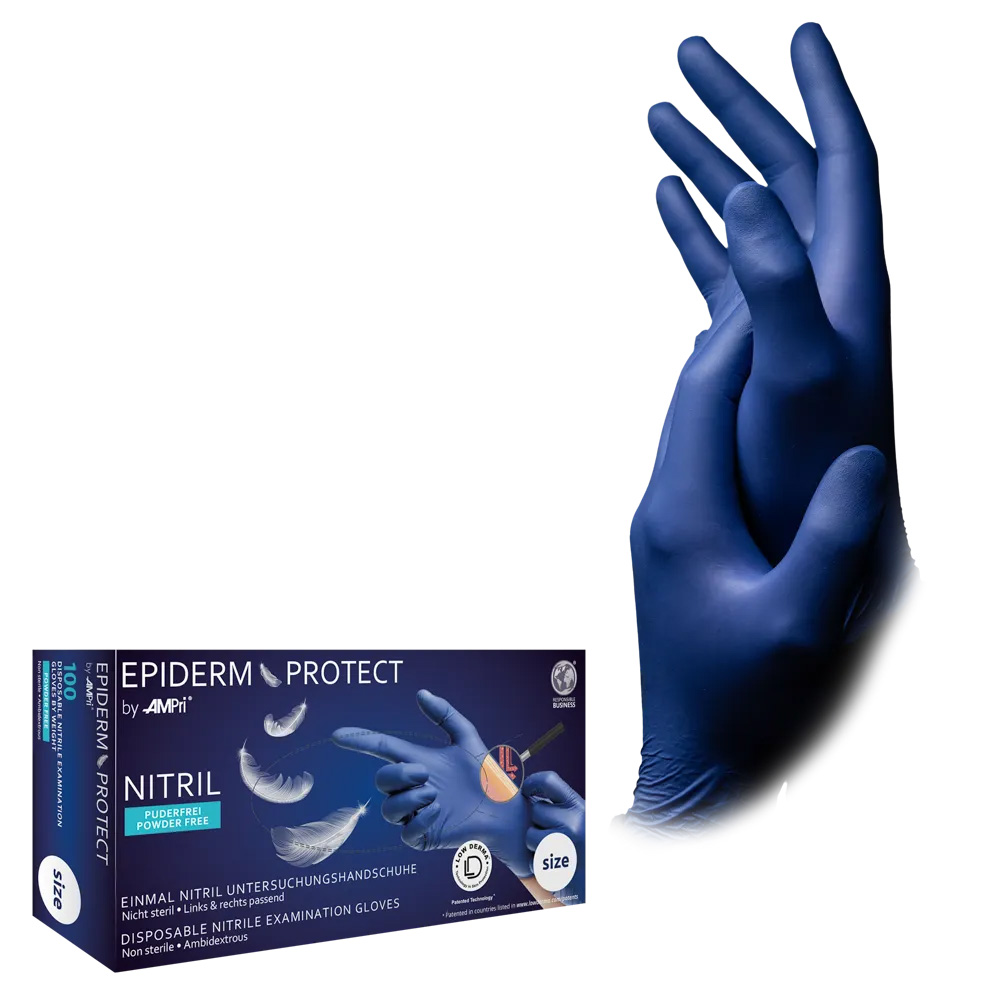 Nitrilhandschuhe, metallblau, blau, Größe L, puderfrei, Epiderm Protect by Med-Comfort Nitrilhandschuhe, metallblau, blau, Größe L, puderfrei, Epiderm Protect by Med-Comfort