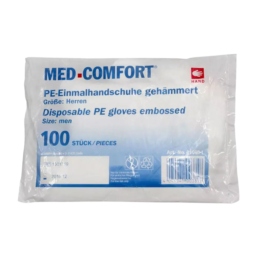 PE Handschuh, transparent, milchig, Größe L, gehämmert, Med-Comfort PE Handschuh, transparent, milchig, Größe L, gehämmert, Med-Comfort
